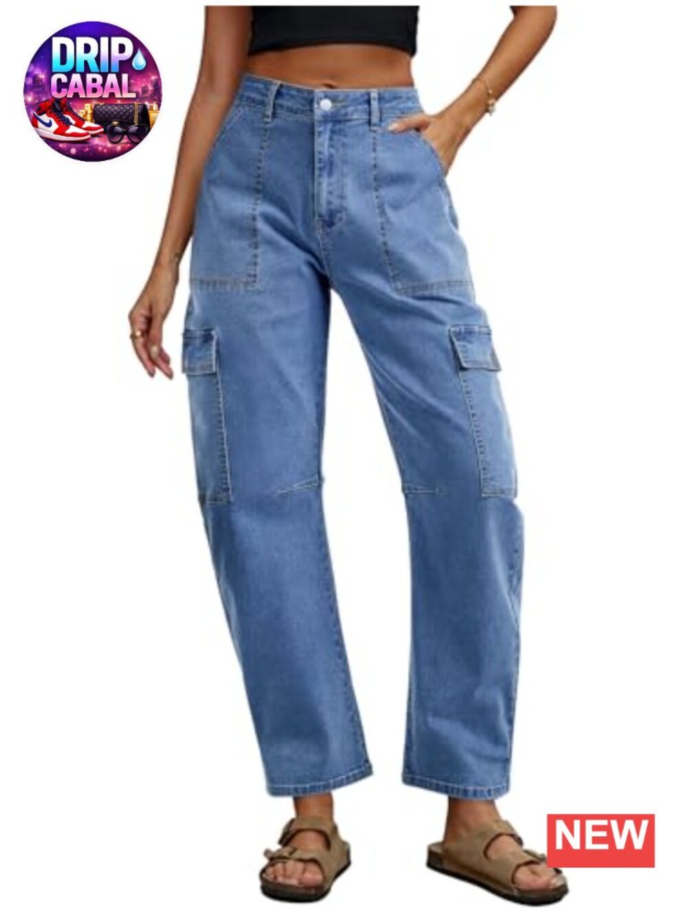 Barrel Jeans Women High Waisted Wide Leg Baggy Cargo Ankle Denim Trousers 6